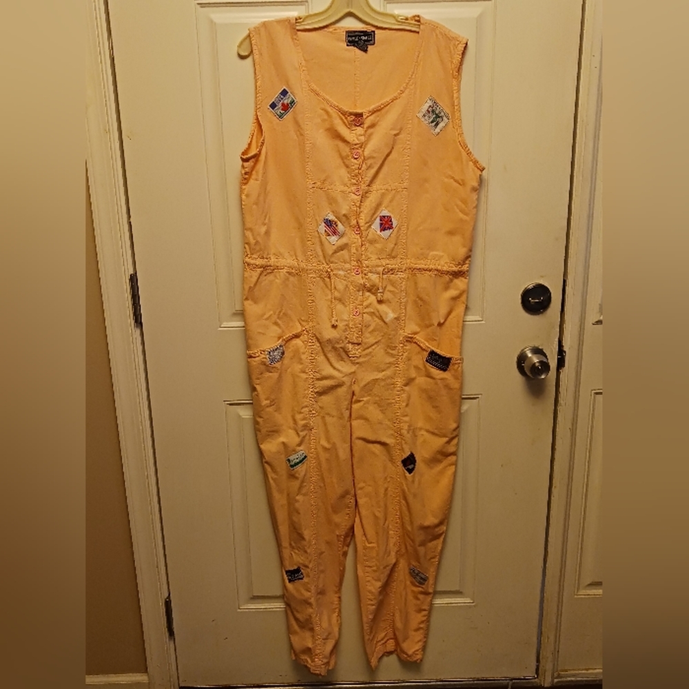 Vtg 80s Peach Cotton Oversized Festival Jumpsuit w/ Appliqué Patches – Size M - Picture 7 of 17